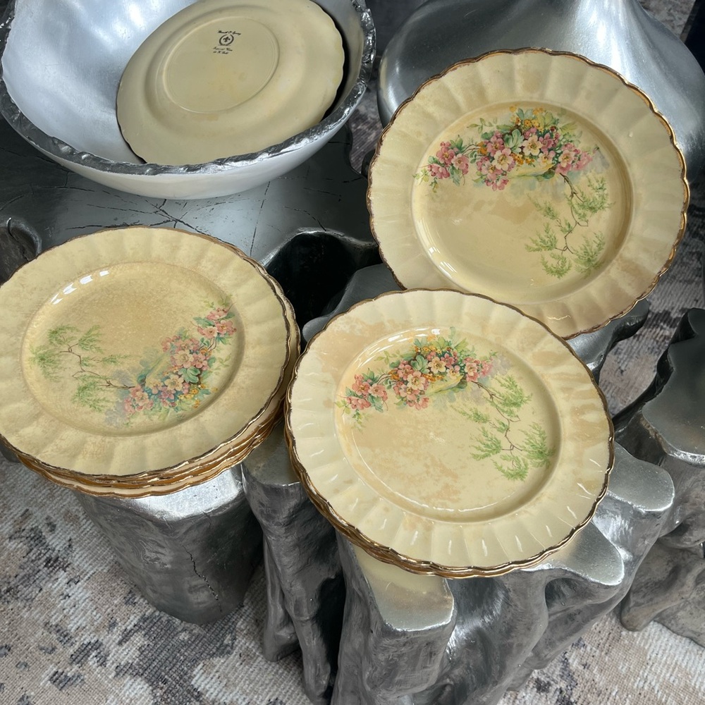 Imperial ware porcelain breath o  spring dinner plates yellow 11 plates 1930s